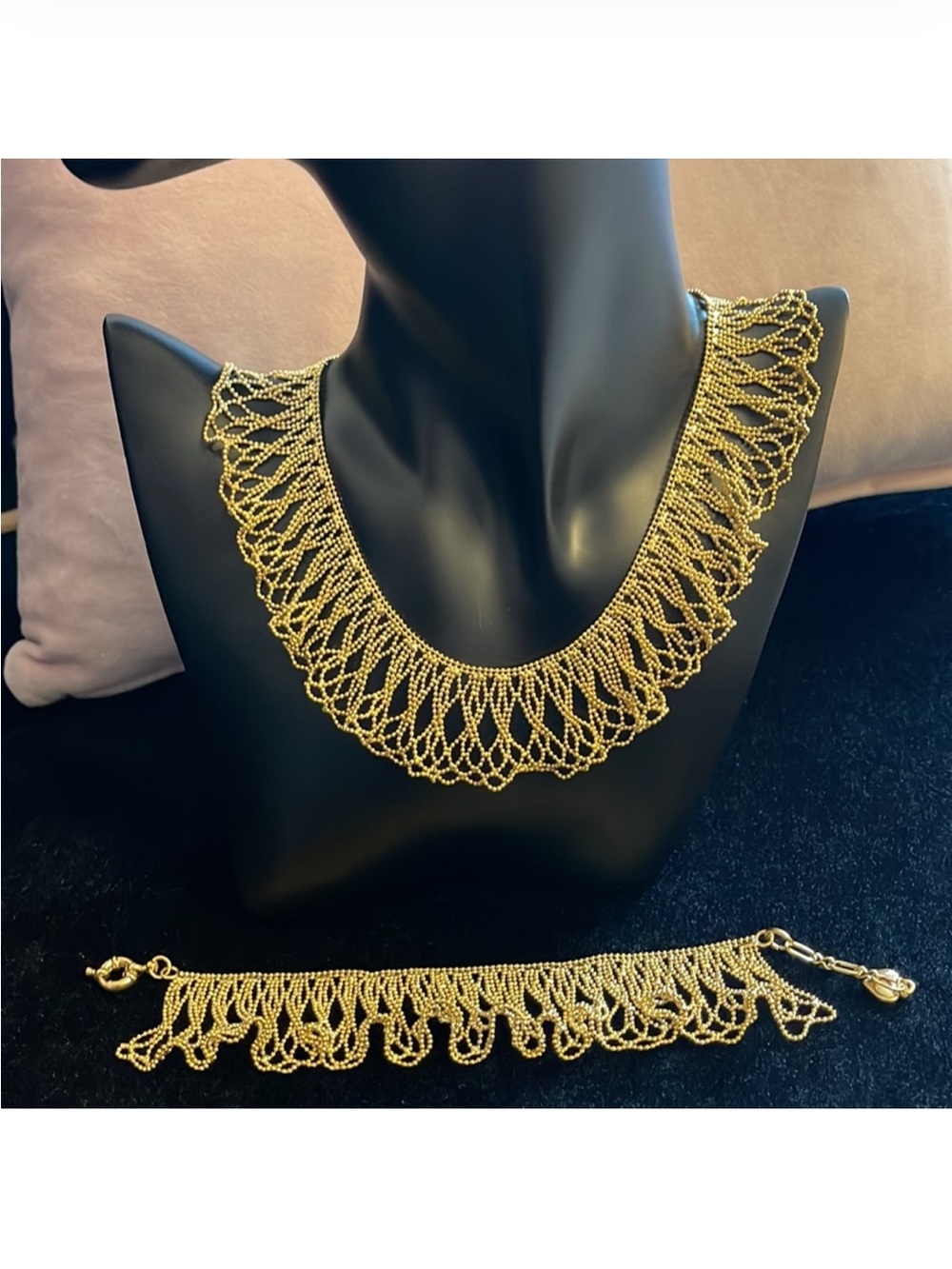 Elegant Gold Mesh Fringe Statment Necklace and Bracelet Set
